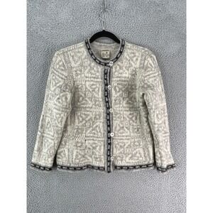 Hilda Ltd Cardigan Women M Grey Pure Wool Iceland Geometric Fair Isle Nordic